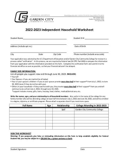 Independent Student Household Worksheet