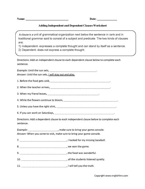 Independent And Dependent Clause Worksheet