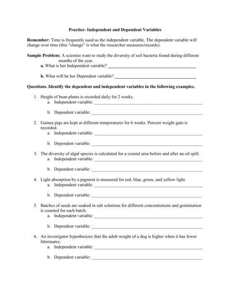 Independent And Dependent Variables Practice Worksheet Answers