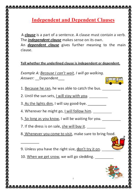 Independent Clause Dependent Clause Worksheet