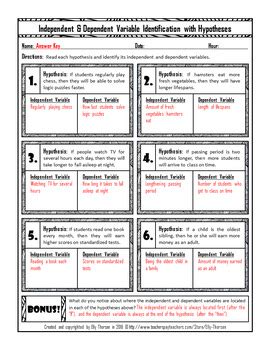 Independent and Dependent Variable Identification with Hypotheses Worksheet