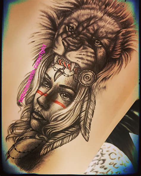 indian woman lion tattoo design Headdress tattoo, Lion