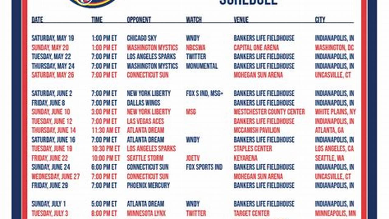 Indiana Fever Schedule Printable