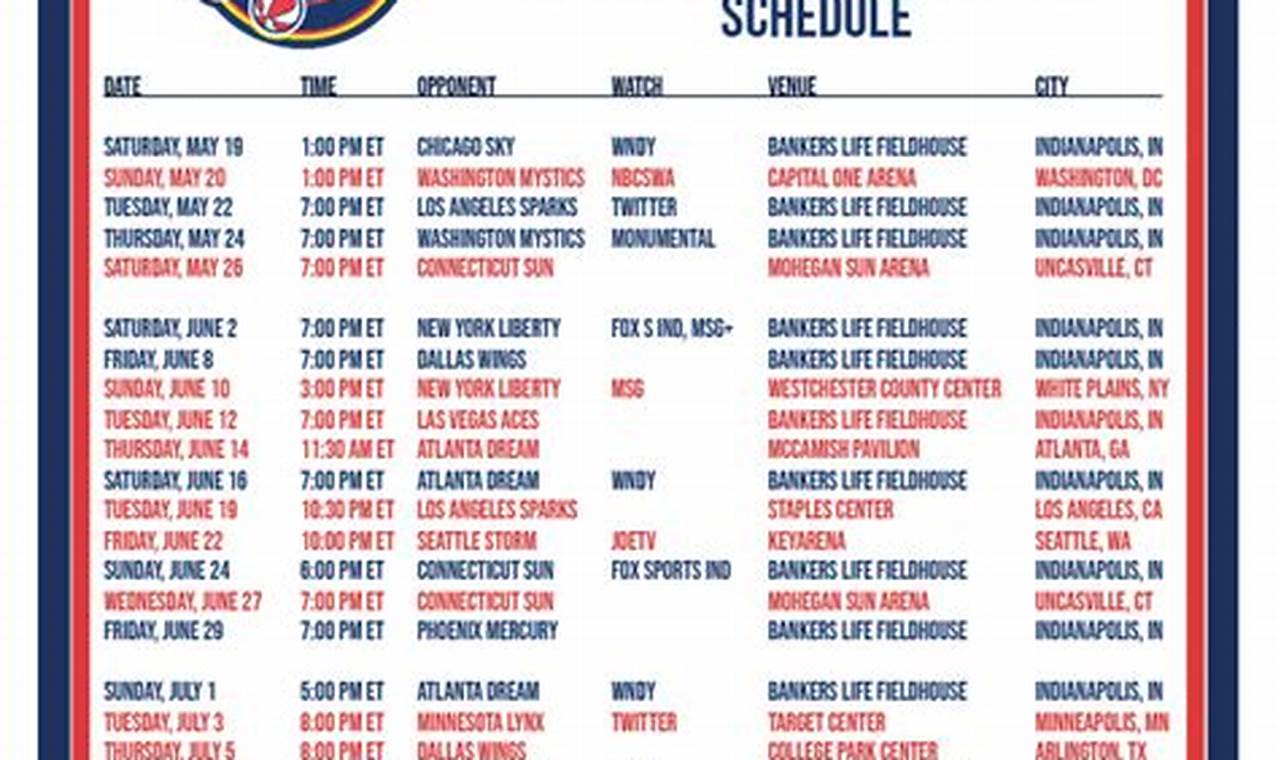 Indiana Fever Schedule Printable