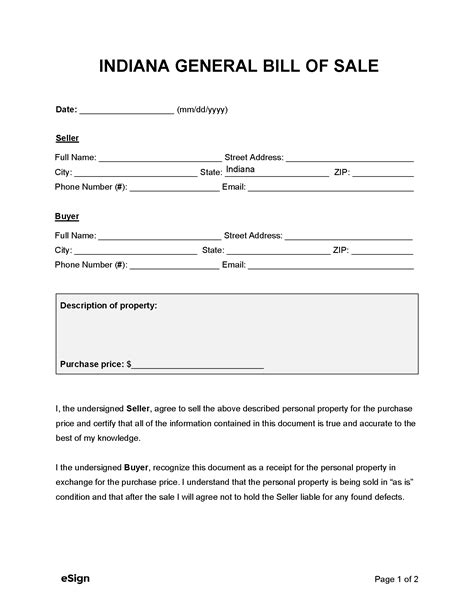 Indiana Bill Of Sale Printable