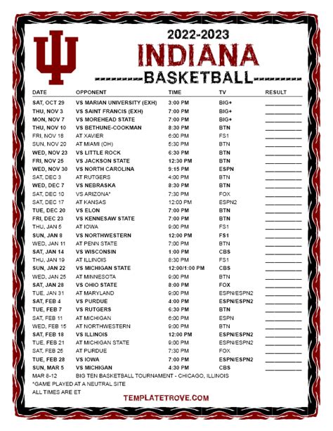 Indiana University Basketball Schedule Printable