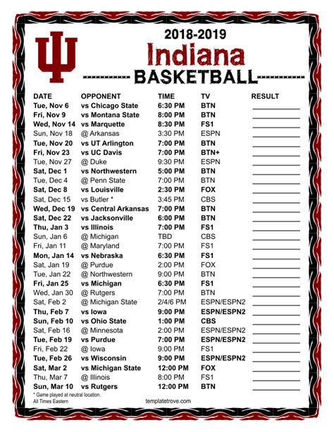 Indiana University Men's Basketball Schedule Printable