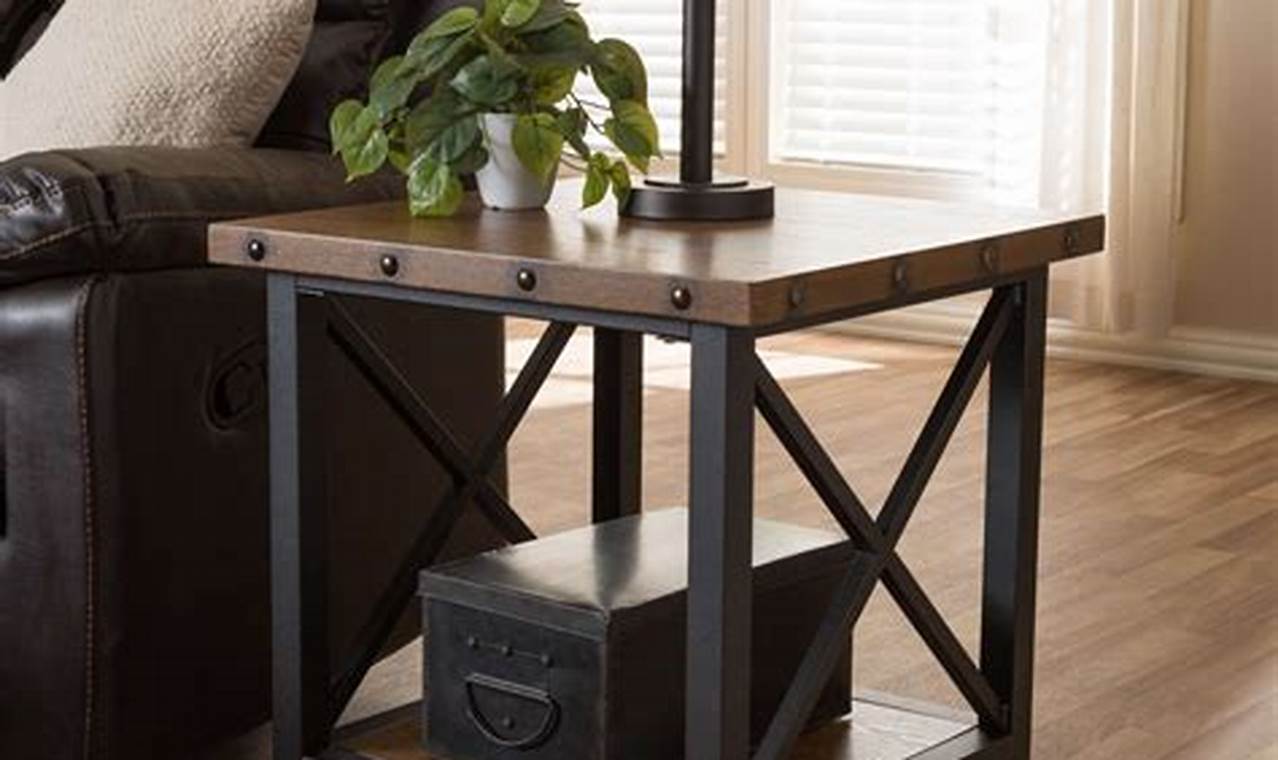 Industrial-style metal and wood end table with wheels