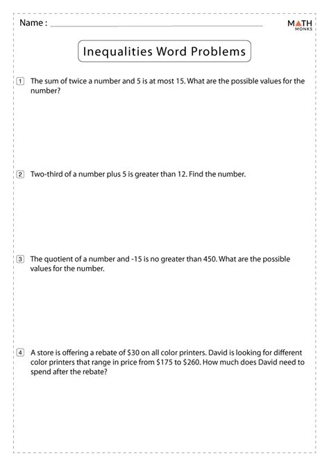 Inequality Word Problems Worksheet And Answers