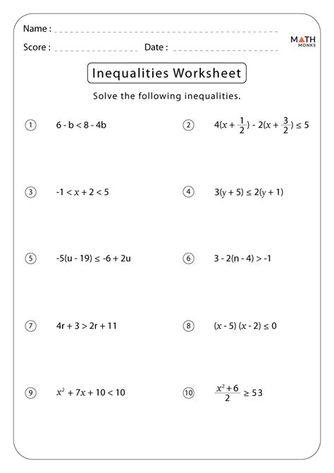 Inequality Math Problems Worksheet