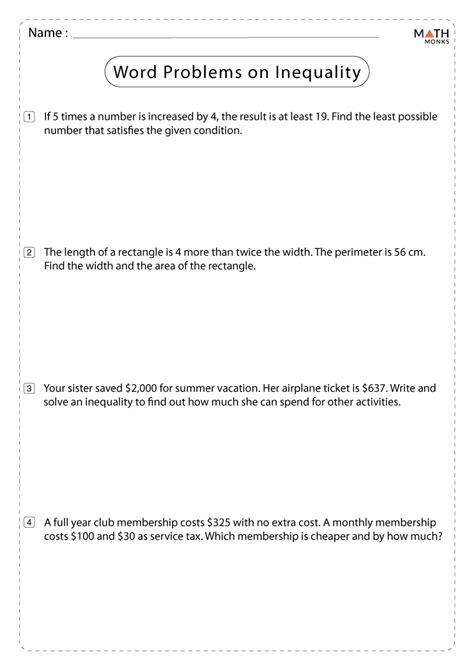 Inequality Word Problems Worksheets