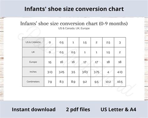 Infant Shoe Size Conversion Chart