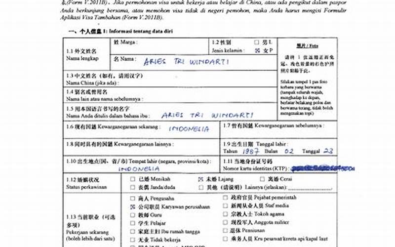 Informasi Pribadi Formulir Aplikasi Visa China Indonesia