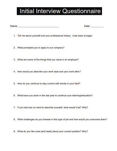Initial Questionnaire Before Interview For Front Desk Position Template