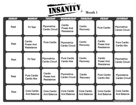 Insanity Calendar Month 1