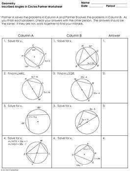 Inscribed Angles in Circles Partner Worksheet by Mrs E Teaches Math