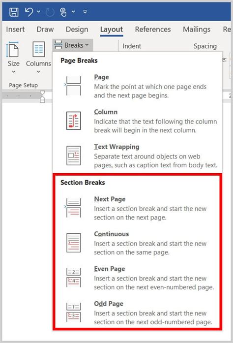 Insert Section Breaks to Layout or Format my Document