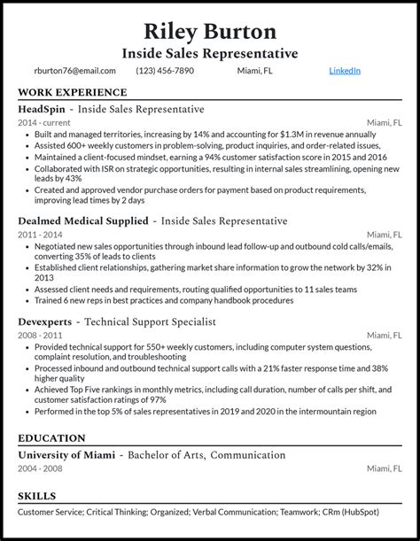 Inside Sales Representative Resume