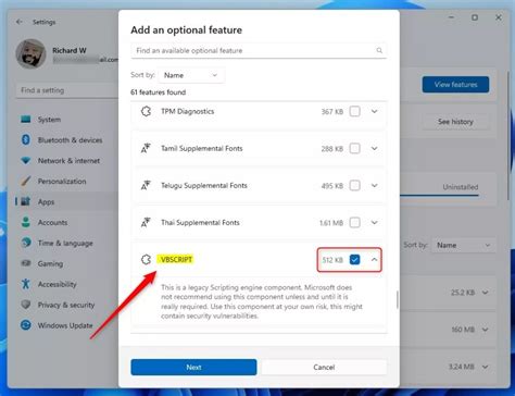 Install VBScript from Settings