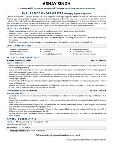 Insurance Underwriter Resume Sample