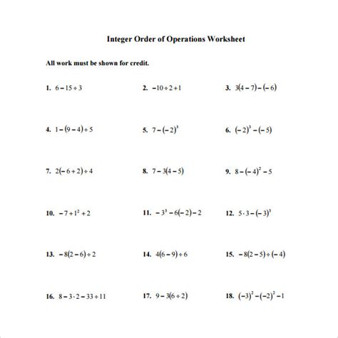 Integers And Order Of Operations Worksheet