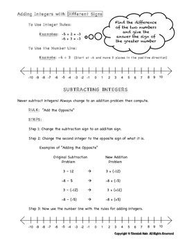 Integers Rules, Number Line, Notes And Practice Problems Worksheets