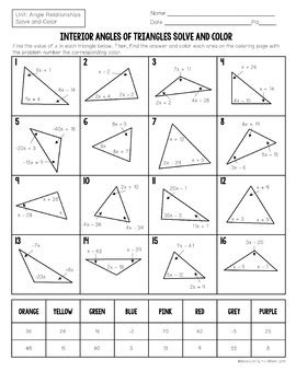 Interior Angles Of Triangles Solve And Color Answer Key