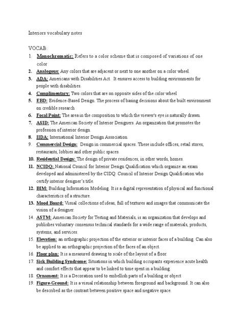 Interior Design Vocabulary Pdf