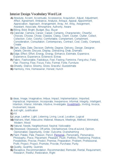 Interior Design Vocabulary Word List