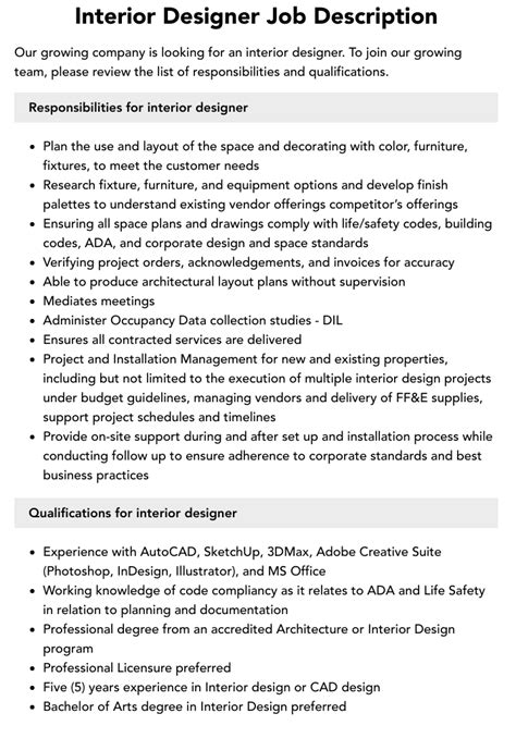 Interior Designer job description template Workable