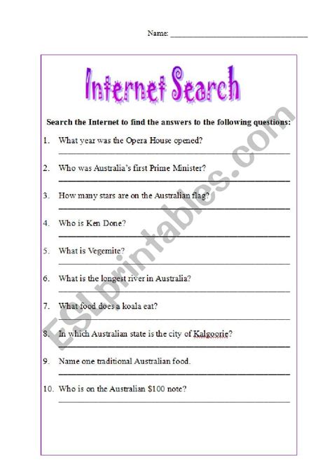 Internet Treasure Hunt Worksheet