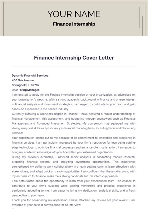 Internship Cover Letter Finance