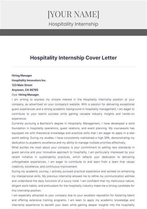 Internship Cover Letter Hospitality