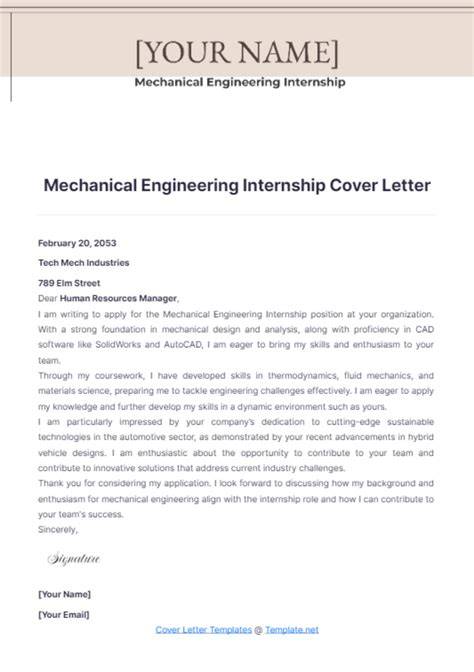 Internship Cover Letter Mechanical Engineering