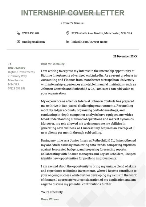 Internship Cover Letter With Experience