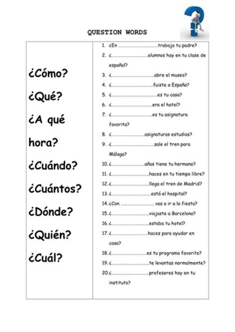 Interrogative Words In Spanish Worksheet