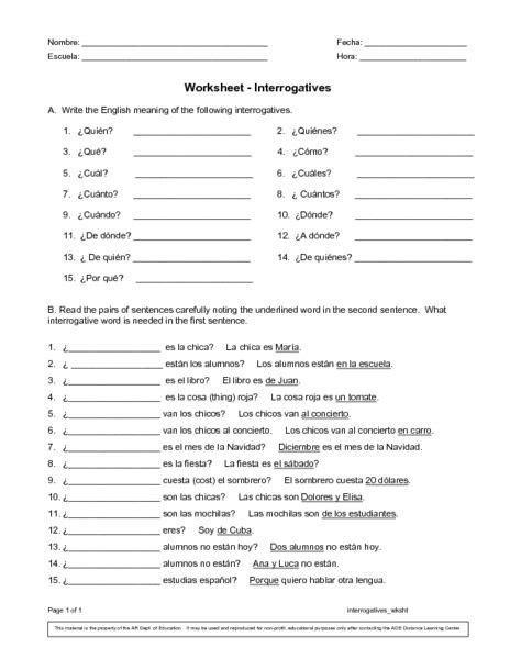 Interrogatives In Spanish Worksheet