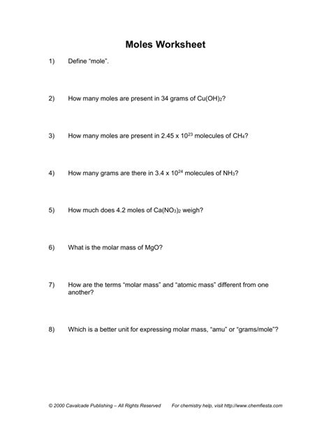 Introduction To The Mole Worksheet