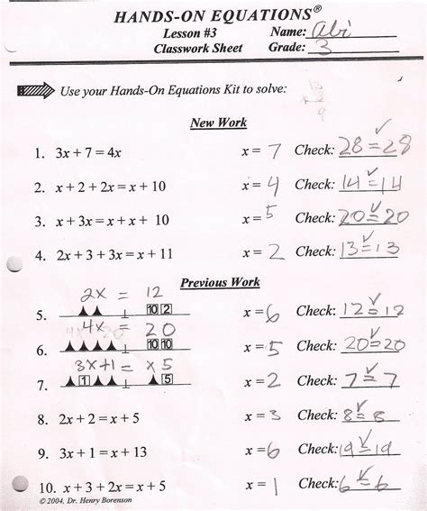 Introduction to Hands-On Equations Answer Key