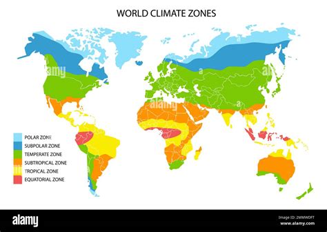 Map with different colored zones representing different climates around the world