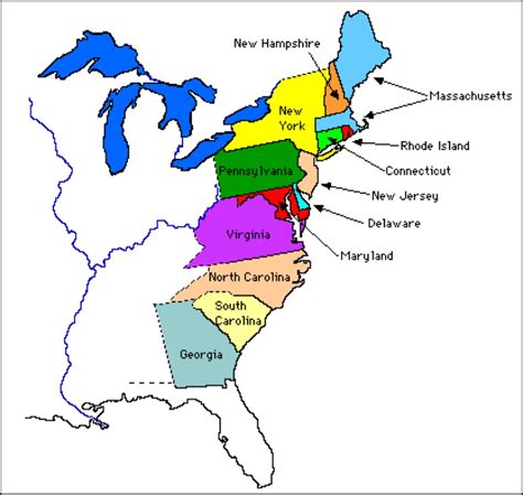Map of 13 Colonies Labeled