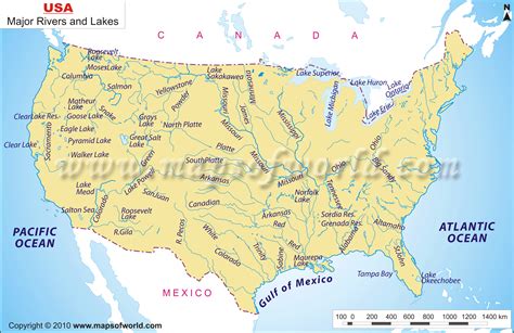 Map of United States with rivers and mountains
