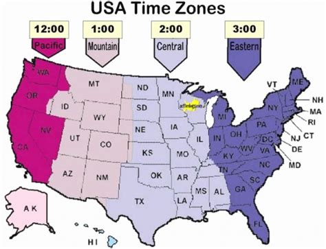 Map of USA Time Zones Printable