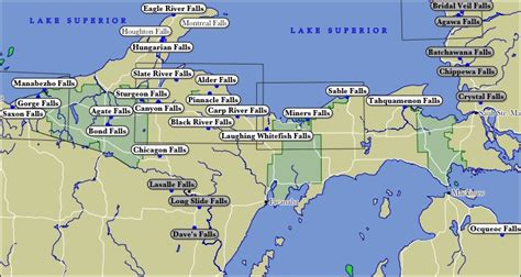 Map of waterfalls in Upper Michigan