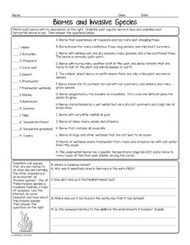 Invasive Species Worksheet Answer Key