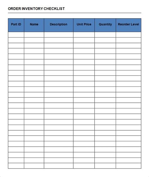 Inventory Checklist Template Free