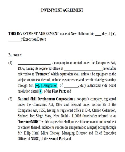 Investor Contract Agreement Template