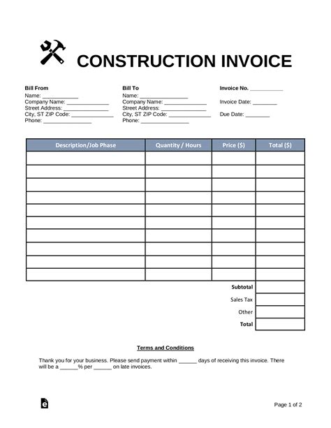 Free Construction Invoice Template Printable Templates