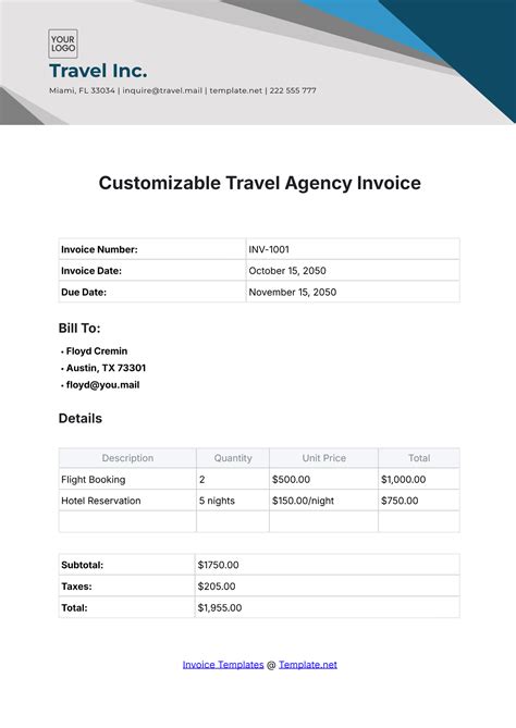 Travel Agency Invoice Template Free Printable Templates