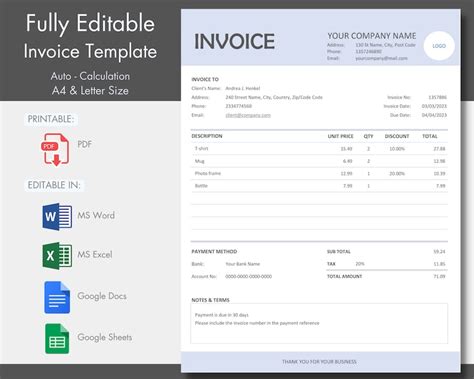 Simple Editable Excel Invoice Template Auto Calculation in Etsy